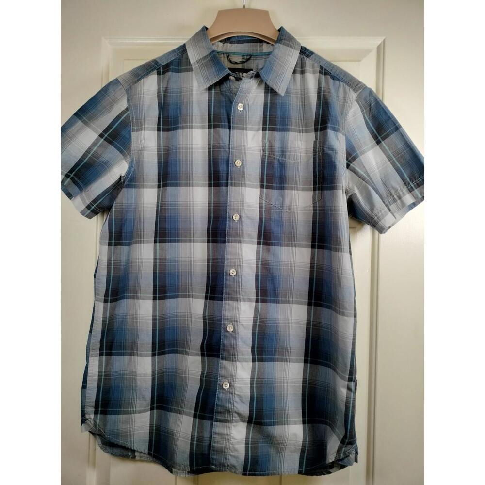 The North Face Shirt Large Mens Plaid SS Gorpcore Hiking Outdoor GrayBlue Button